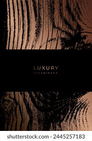 Template with wooden texture. Luxury golden background with wood annual rings texture. Banner with dry tree pattern. Stamp of tree trunk in section. Black and bronze marble background