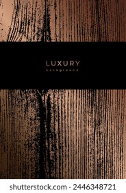 Template with wooden texture. Luxury golden background with vertical wooden annual rings texture. Banner with dry tree pattern. Stamp of tree trunk in section. Black and bronze marble background