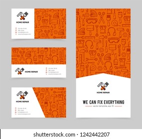 Template with working tools pattern for home repair, building, construction, renovation. Vector illustration. Home repair logo. Copy text place. Card, label, visit card, banner design template.