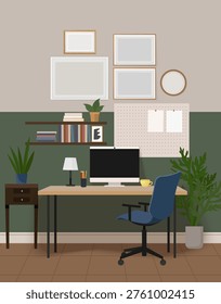 Template workplace in minimalist style with computer, desk lamp and office supplies. Modern interior of workplace or home office.