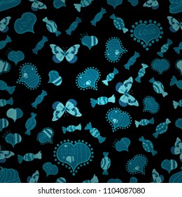 Template for wrapping, decor, surface, cards, backgrounds, textile, print. Background with hand drawn symbols. Drawing in sketch style on black and blue colors. Seamless vector pattern with hearts.