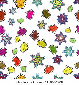 Template for wrapping, decor, surface, cards, backgrounds, textile, print. Background with hand drawn symbols. Seamless vector pattern with hearts. Drawing in sketch style on white, blue, black colors