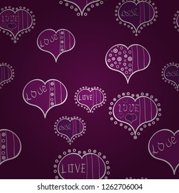 Template for wrapping, decor, surface, cards, backgrounds, textile, print. Drawing in sketch style on purple, white colors. Background with hand drawn symbols. Seamless vector pattern with hearts.