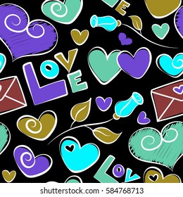 Template for wrapping, decor, surface, cards, backgrounds, textile, print. Decorative repeat ornament. Seamless vector pattern with hearts, letter, flower and love text. Series of Love Patterns.