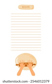 Modelo para escrever receitas caseiras de assar. Planilha alinhada com espaço de cópia para texto e imagem de texto. As mãos humanas rolam a massa com o rolo do alfinete. Página com linhas. Vetor isolado no plano de fundo branco
