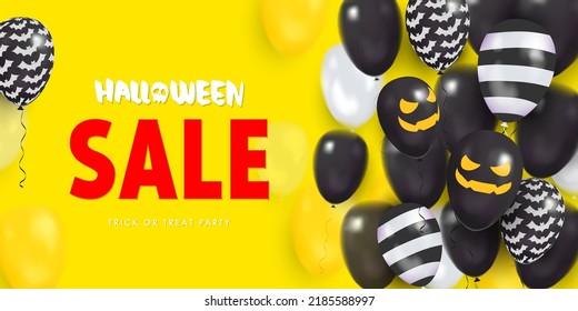 Banner amarillo de plantilla con globos 3d con caras. Feliz Halloween. Ilustración vectorial
