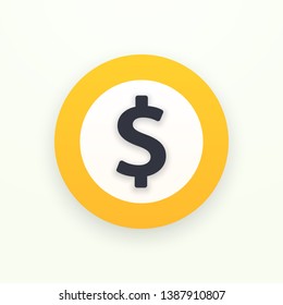 Template yellow coin with shadow. Web symbol for application, sign coin dollar. Vector illustration. EPS 10
