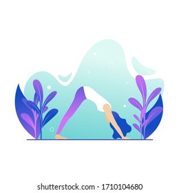 Plantilla de Yoga Studio. Concepto moderno de diseño plano del diseño de página web para sitio web y sitio web móvil. La mujer hace ejercicio de yoga, pose de yoga. Ilustración del vector