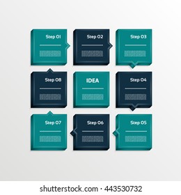 Template for your business presentation. Eight steps diagram, process arrows, 3D numbered options. 