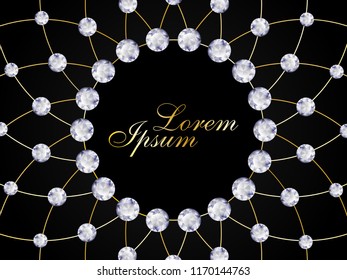 Template for your business. Space for text. Twisted necklace with diamonds on a dark background. Precious stones, diamonds, luxurious, elegant. Realistic style. Vector illustration.