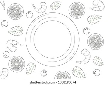 template for your design. empty plate on wood blue background, lemons, shrimps. hand drawn. For packaging, advertisements, menu for cafe and restaurants. Vector illustration. blank for text. black and