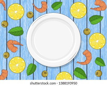 template for your design. empty plate on wood blue background, lemons, shrimps. hand drawn. For packaging, advertisements, menu for cafe and restaurants. Vector illustration. blank for text.