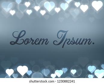 Template for your design. Glowing hearts on grey blurred background. Bokeh style. Blank for text. Vector illustration.