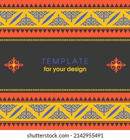 Plantilla para su diseño. Elementos ornamentales y motivos de decoración kazaja, kirguisa, uzbeka, nacional asiática para empaque, cajas, banner y diseño impreso. Vector.