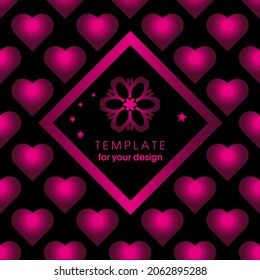 Template for your design with rose gradient hearts at black background.