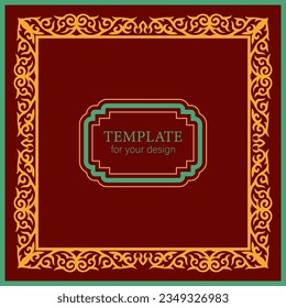 Template for your design. Square frame. Ornamental elements and motifs of Kazakh, Kyrgyz, Uzbek, national Asian decor for packaging, boxes, banner and print design. Nomad style. Vector.	
