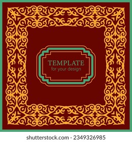 Template for your design. Square frame. Ornamental elements and motifs of Kazakh, Kyrgyz, Uzbek, national Asian decor for packaging, boxes, banner and print design. Nomad style. Vector.	
