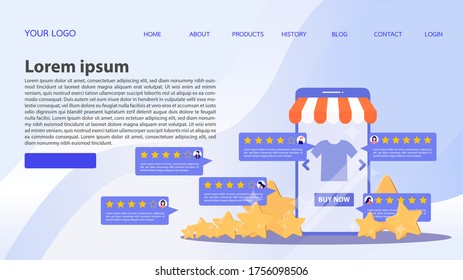  La plantilla para el diseño funciona. Revisión de clientes calificando las compras en línea. reputación de aplicación de tienda en línea. Comprar en línea con una estrella. Vector, ilustración, EPS, plano.