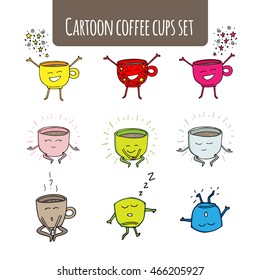 Template for your projects, websites, invitations. Hand drawn funny cute mug coffee cups drawn with a smile, eyes and hands. Colorful characters on white background.
