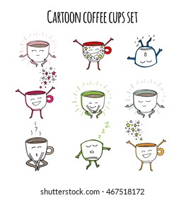 Template for your projects, websites, invitations. Hand drawn funny cute mug coffee cups drawn with a smile, eyes and hands. Colorful characters on white background.