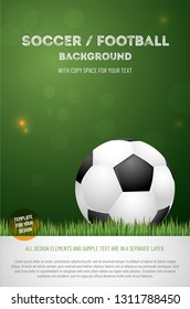 Template for your soccer football poster with ball on grass and blurred bokeh light background and copy space for your text - vector illustration