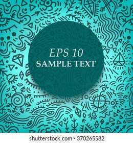 Template for your text on seamless abstract background. Round element to insert text on blue seamless pattern.