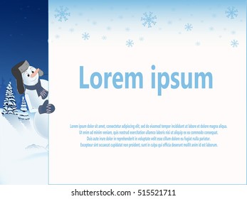 template for your text. snowman in the cap peeking out from behind a white sheet. the falling snowflakes. snowy landscape in the background