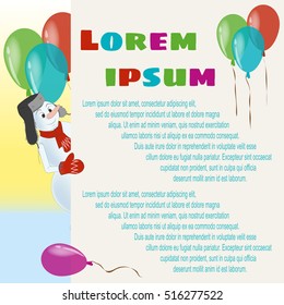 template for your text. snowman in the cap peeking out from behind a white sheet. yellow-blue background. balloons
