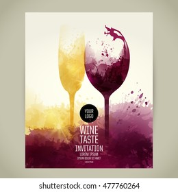 Template for your wine related designs. Illustrations glass of red wine and sparkling wine. Artistic design background with stains. Vector