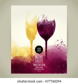 Template for your wine related designs. Illustrations glass of red wine and sparkling wine. Artistic design background with stains. Vector