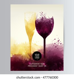 Template for your wine related designs. Illustrations glass of red wine and sparkling wine. Artistic design background with stains. Vector