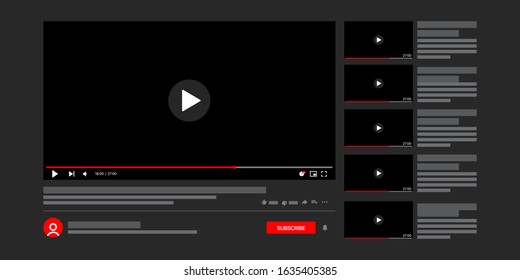 Template Youtube Video Player. Social Media Content. Desktop Interface Dark Version, Ui. Vector Illustration. 