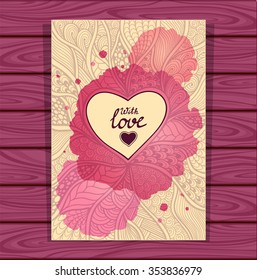 Template with Zen doodle style pattern and heart frame beige lilac with watercolors stain on grey wood background for flyer or creative Post Card for Valentines Day