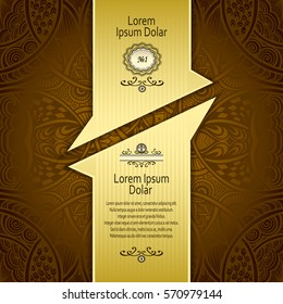 Template with Zen tangle abstract pattern for package or label in brown  and gold for advertising perfume cosmetic alcohol tea coffee or other things