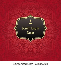 Template with Zen tangle abstract pattern for package or label in red  gold black for advertising perfume cosmetic alcohol tea or other things