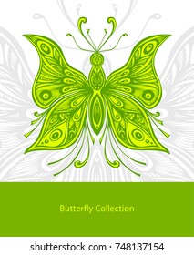 Template with Zen tangle lace butterfly in light green on white for package cosmetic perfume or for decoration t-shirt clothes and other things