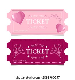 Templates 2 tickets for Valentine's Day, International Women's Day, Date, Birthday in pink and cherry colors. Romantic invitation cards for a holiday for girls, women for one person.Isolated on white.