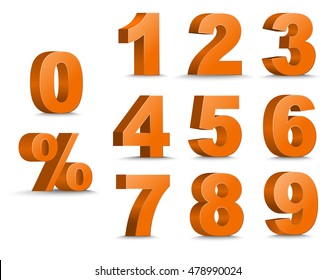 Templates 3D of figures of orange color and sign of percent. number from 1 to 9. Vector illustration. Set