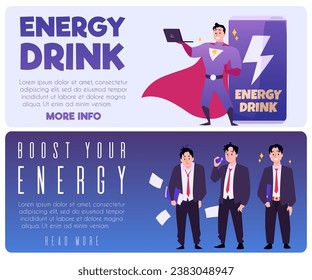 Plantillas sobre bebidas energéticas, ilustración vectorial. Dos cartas horizontales sobre los beneficios y la efectividad de la bebida energética. Carácter humano en diseño tipográfico. Dibujo en estilo plano de caricatura.