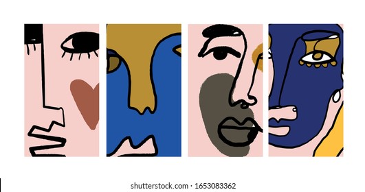 Templates with abstract face, contemporary creative background in minimal cubism style. Line portrait. 