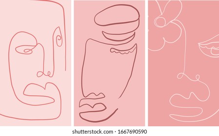 Templates with abstract one line face. Creative minimal portrait. Contemporary background. 