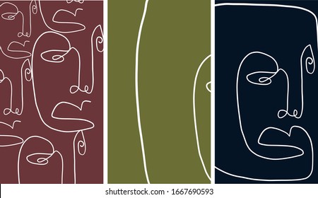 Templates with abstract one line face. Creative minimal portrait. Contemporary background. 