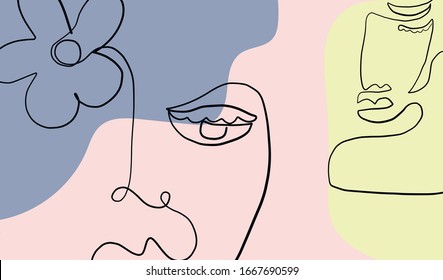 Templates with abstract one line face. Creative minimal portrait. Contemporary background. 