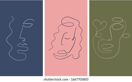 Templates with abstract one line face. Creative minimal portrait. Contemporary background. 