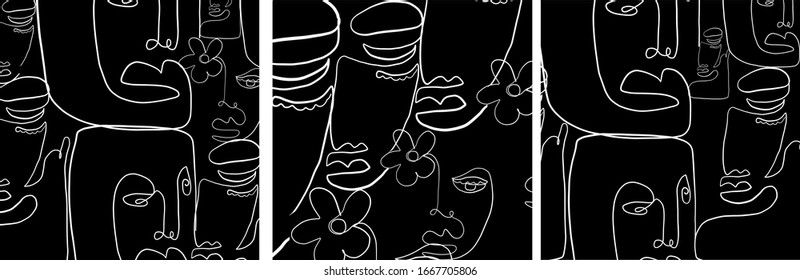 Plantillas con una sola línea abstracta. Retrato creativo mínimo. Fondo contemporáneo. 