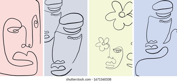 Plantillas con una sola línea abstracta. Retrato creativo mínimo. Fondo contemporáneo. 