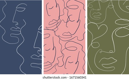 Templates with abstract one line face. Creative minimal portrait. Contemporary background. 
