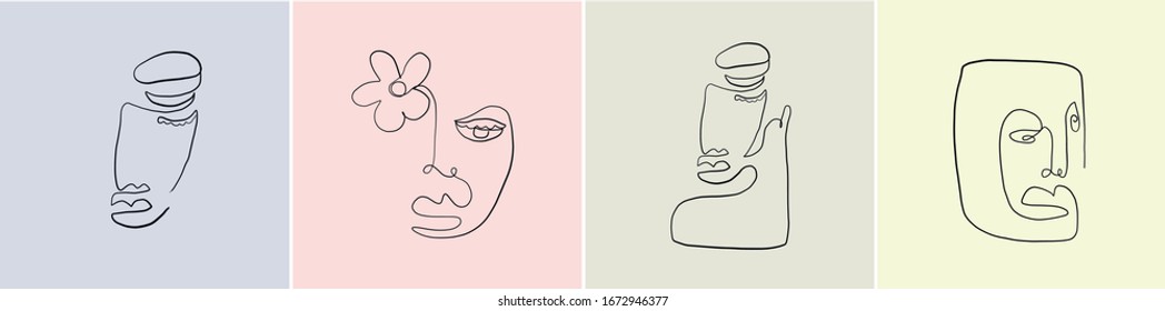 Templates with abstract one line face. Creative minimal portrait. Contemporary background. 