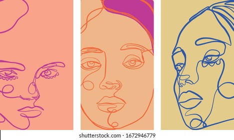 Templates with abstract one line woman face. Creative minimal portrait. Contemporary background. 