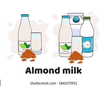 Templates with almond milk in glass, bottles and box. Vegan milk icons. Milk alternatives. Hand drawn vector illustration.